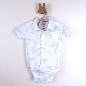 Carter's Button Down Bodysuit Kids 12m White Blue Toile Countryside Print